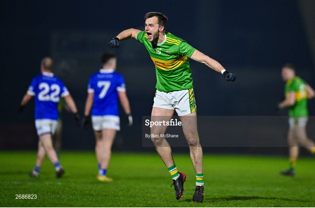 25 November 2023; Stevie O'Hara of Glen celebrates at the final whistle of the AIB Ulster GAA Football Senior Club Championship semi-final match between Glen, Derry, and Naomh Conaill, Donegal, at Healy Park in Omagh, Tyrone. Photo by Ben McShane/Sportsfile
