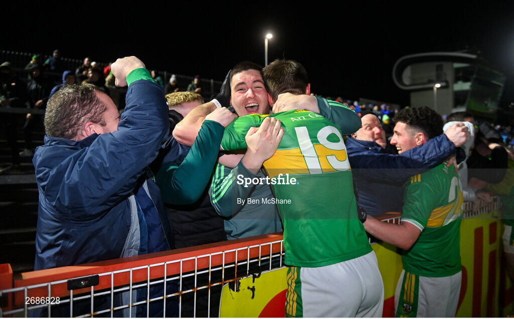 25 November 2023; Stevie O'Hara of Glen, 19, celebrates with supporters after the AIB Ulster GAA Football Senior Club Championship semi-final match between Glen, Derry, and Naomh Conaill, Donegal, at Healy Park in Omagh, Tyrone. Photo by Ben McShane/Sportsfile