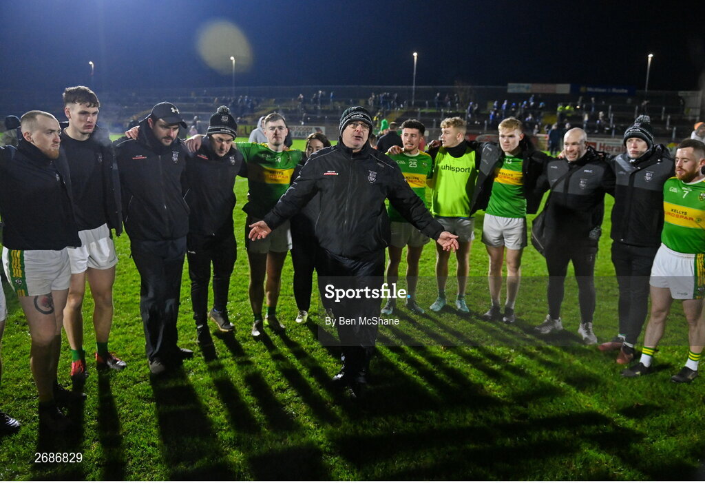 25 November 2023; Glen manager Malachy O'Rourke speaks to his players after the AIB Ulster GAA Football Senior Club Championship semi-final match between Glen, Derry, and Naomh Conaill, Donegal, at Healy Park in Omagh, Tyrone. Photo by Ben McShane/Sportsfile
