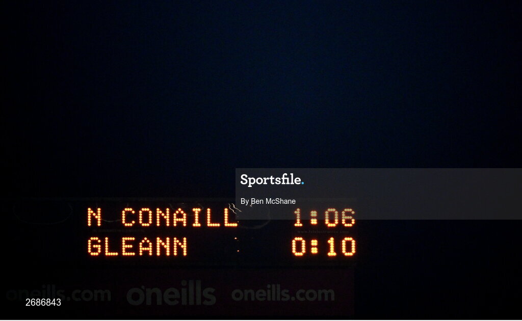 25 November 2023; The scoreboard is seen after the AIB Ulster GAA Football Senior Club Championship semi-final match between Glen, Derry, and Naomh Conaill, Donegal, at Healy Park in Omagh, Tyrone. Photo by Ben McShane/Sportsfile