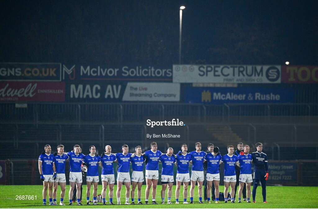 25 November 2023; Naomh Conaill players stand for Amhrán na bhFiann before the AIB Ulster GAA Football Senior Club Championship semi-final match between Glen, Derry, and Naomh Conaill, Donegal, at Healy Park in Omagh, Tyrone. Photo by Ben McShane/Sportsfile