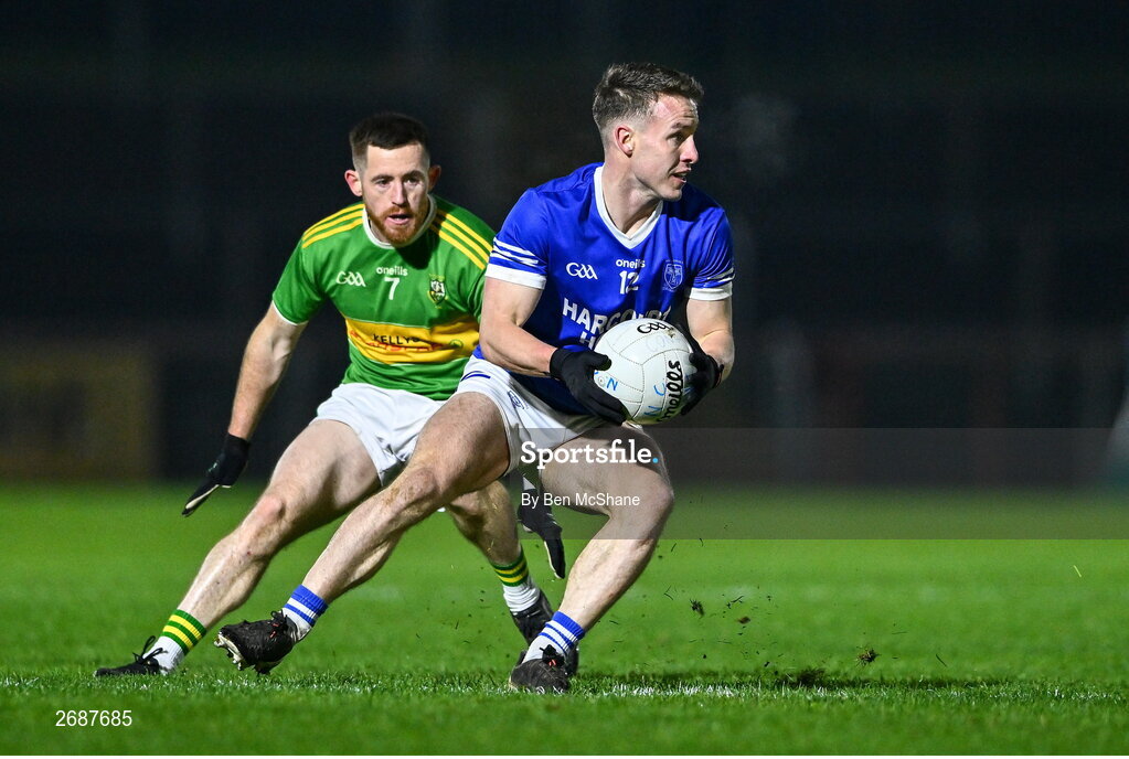25 November 2023; Eunan Doherty of Naomh Conaill and Cathal Mulholland of Glen during the AIB Ulster GAA Football Senior Club Championship semi-final match between Glen, Derry, and Naomh Conaill, Donegal, at Healy Park in Omagh, Tyrone. Photo by Ben McShane/Sportsfile