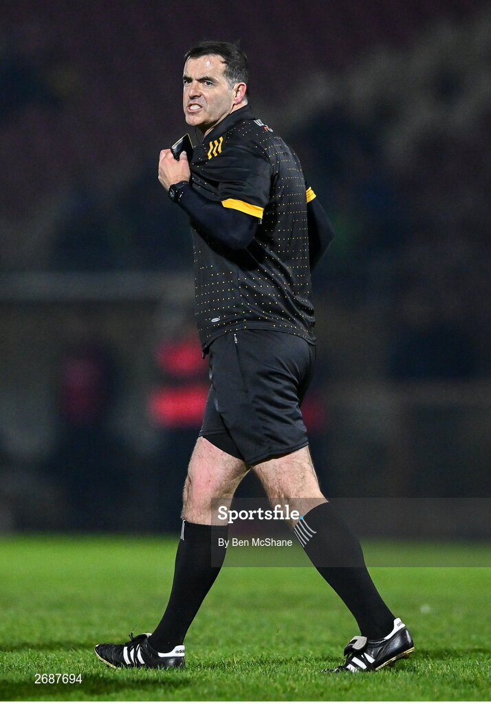 25 November 2023; Referee Sean Hurson during the AIB Ulster GAA Football Senior Club Championship semi-final match between Glen, Derry, and Naomh Conaill, Donegal, at Healy Park in Omagh, Tyrone. Photo by Ben McShane/Sportsfile