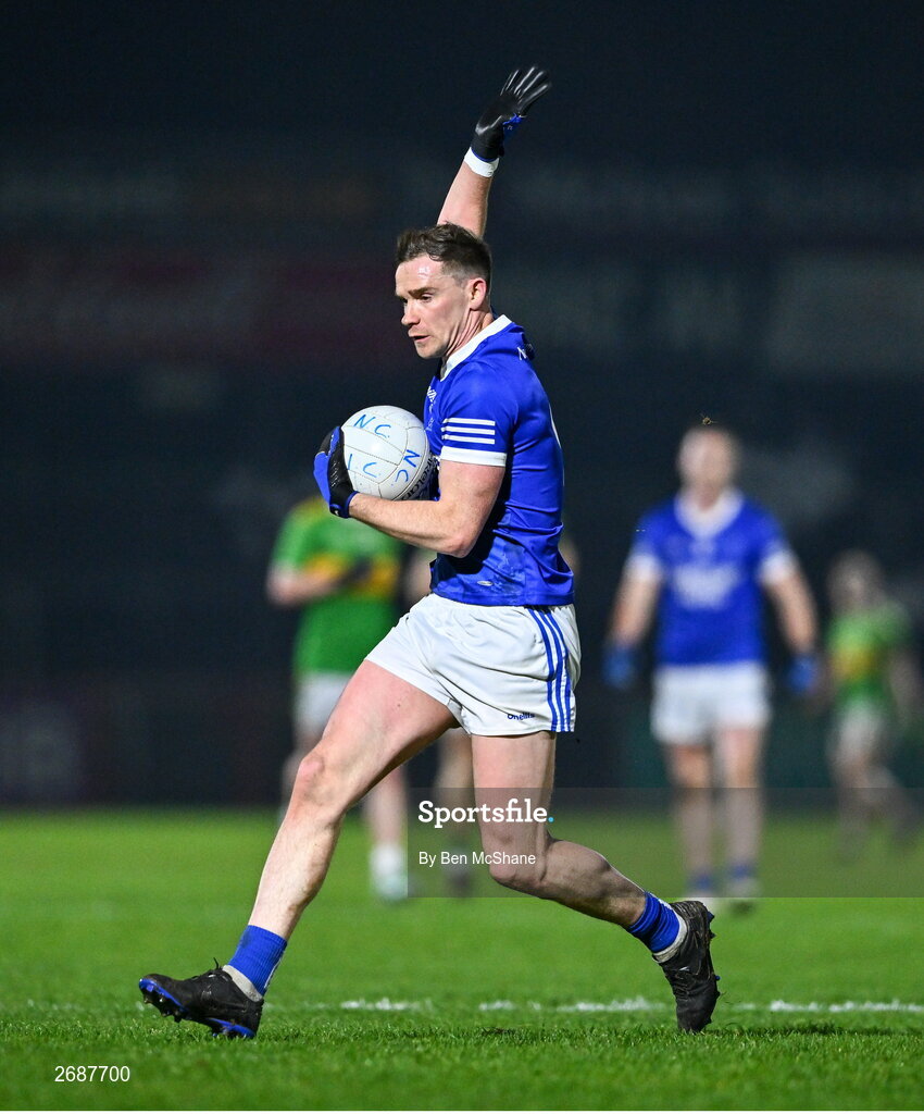 25 November 2023; Ciaran Thompson of Naomh Conaill calls a mark during the AIB Ulster GAA Football Senior Club Championship semi-final match between Glen, Derry, and Naomh Conaill, Donegal, at Healy Park in Omagh, Tyrone. Photo by Ben McShane/Sportsfile