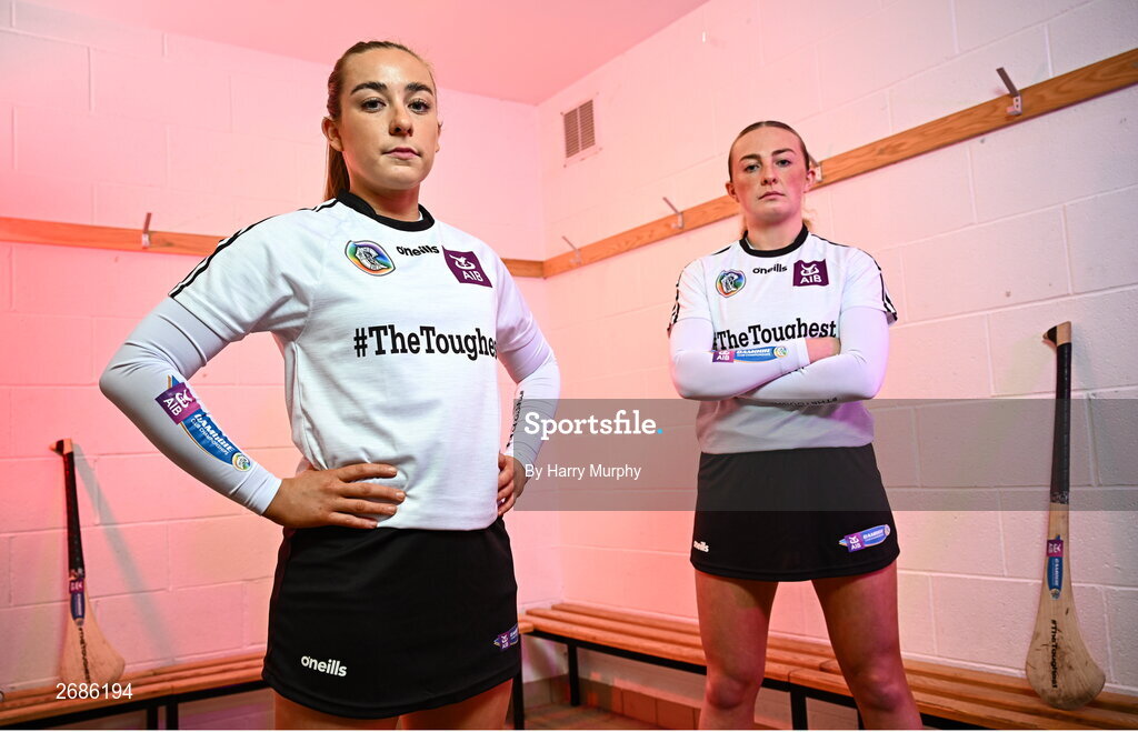 28 November 2023; AIB ambassadors and camogie players, Ciara Phelan of Dicksboro, Kilkenny, and Roisin McCormick of Loughgiel Shamrocks, Antrim, pictured ahead of this weekend’s AIB Camogie All-Ireland Club Championship semi-finals and for the release of the first full episode of ‘Meet #TheToughest’, a new content series from AIB that will showcase some of the final stages of this year’s AIB Camogie All-Ireland Club Championships, through footage captured by cameras worn by players for the first time in Gaelic Games. You can view the first episode of ‘Meet #TheToughest’ here: https://www.youtube.com/watch?v=bz0vKEzaWEE. Photo by Harry Murphy/Sportsfile