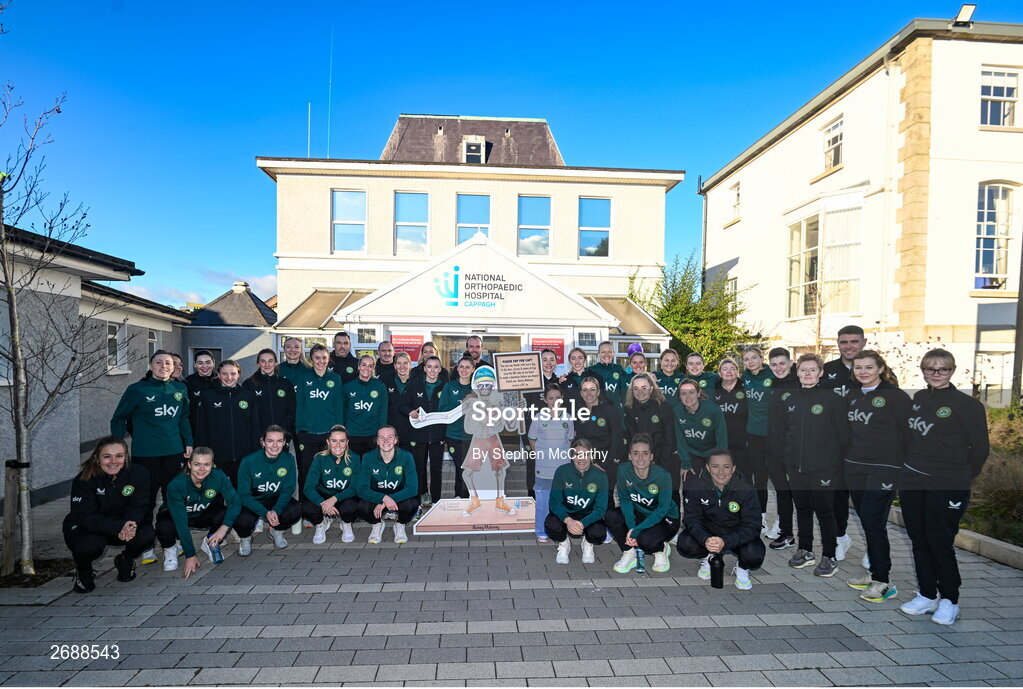 27 Novmeber 2023; Republic of Ireland players and staff with Isabelle Forrester during a visit to Cappagh Kids and The National Orthopaedic Hospital Cappagh in Dublin to launch the Cappagh Hospital Foundation Christmas Appeal and their fundraising ambassador Boney Maloney. Photo by Stephen McCarthy/Sportsfile