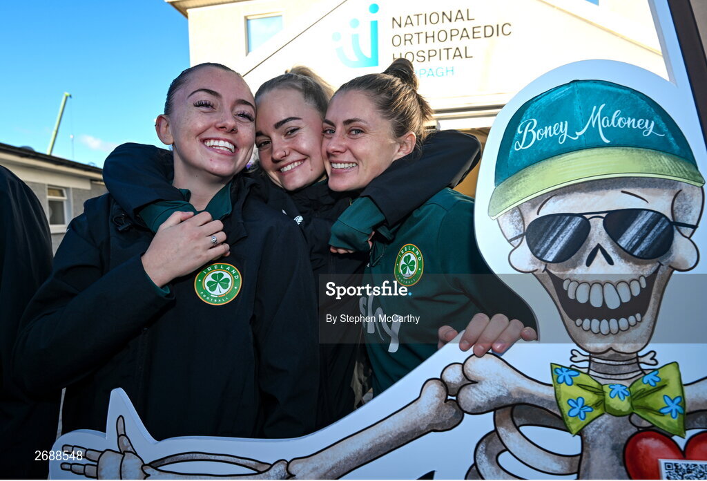 27 Novmeber 2023; Republic of Ireland players, from left, Abbie Larkin, Izzy Atkinson and Sinead Farrelly with fundraising ambassador Boney Maloney during a visit to Cappagh Kids and The National Orthopaedic Hospital Cappagh in Dublin to launch the Cappagh Hospital Foundation Christmas Appeal and their fundraising ambassador Boney Maloney. Photo by Stephen McCarthy/Sportsfile