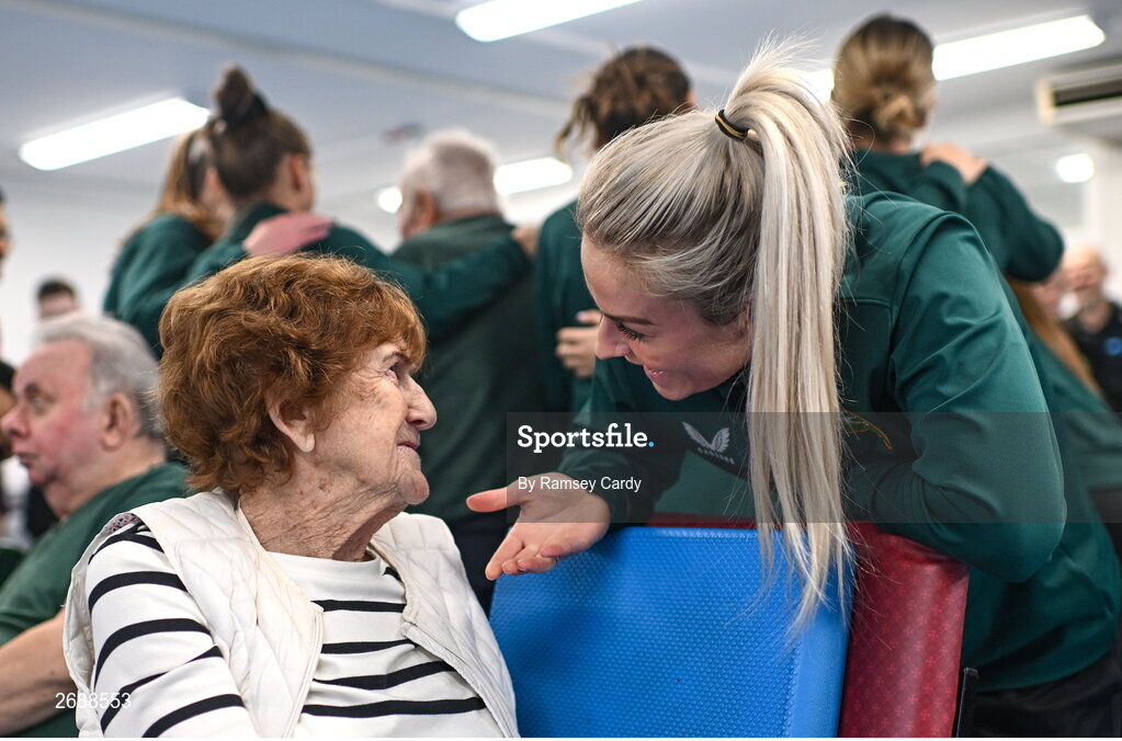 27 Novmeber 2023; Republic of Ireland's Lily Agg with Noleen Brennan during a visit to Cappagh Kids and The National Orthopaedic Hospital Cappagh in Dublin to launch the Cappagh Hospital Foundation Christmas Appeal and their fundraising ambassador Boney Maloney. Photo by Ramsey Cardy/Sportsfile