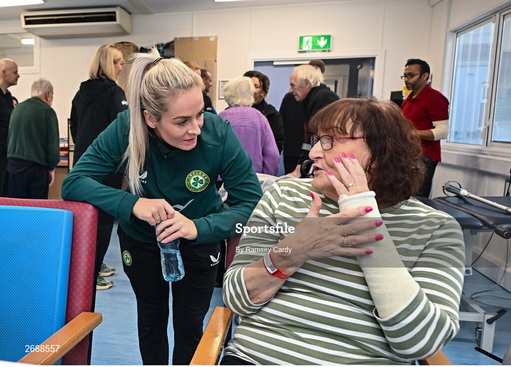 27 Novmeber 2023; Republic of Ireland's Lily Agg with Mairead O'Keeffe during a visit to Cappagh Kids and The National Orthopaedic Hospital Cappagh in Dublin to launch the Cappagh Hospital Foundation Christmas Appeal and their fundraising ambassador Boney Maloney. Photo by Ramsey Cardy/Sportsfile