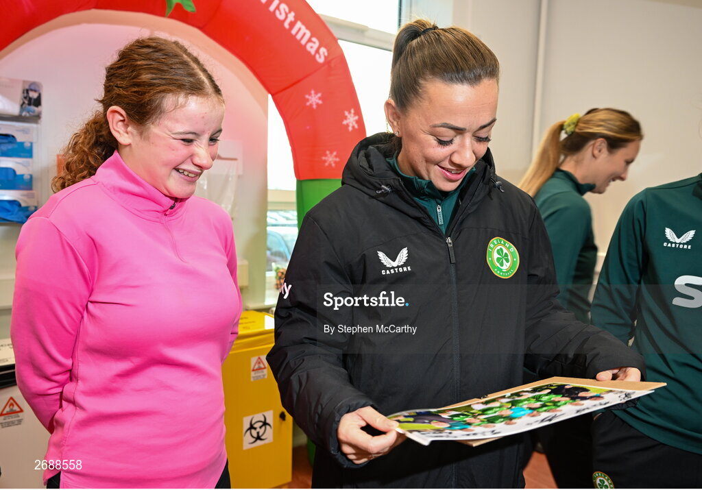 27 Novmeber 2023; Republic of Ireland's Katie McCabe with Elsie Friel, from Drumkeen, Donegal, a member of the Ireland women's CP team, during a visit to Cappagh Kids and The National Orthopaedic Hospital Cappagh in Dublin to launch the Cappagh Hospital Foundation Christmas Appeal and their fundraising ambassador Boney Maloney. Photo by Stephen McCarthy/Sportsfile