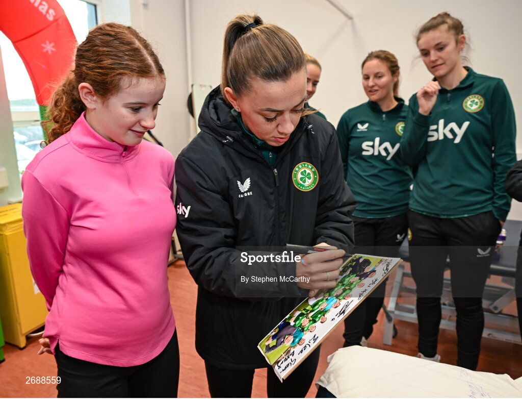 27 Novmeber 2023; Republic of Ireland's Katie McCabe with Elsie Friel, from Drumkeen, Donegal, a member of the Ireland women's CP team, during a visit to Cappagh Kids and The National Orthopaedic Hospital Cappagh in Dublin to launch the Cappagh Hospital Foundation Christmas Appeal and their fundraising ambassador Boney Maloney. Photo by Stephen McCarthy/Sportsfile