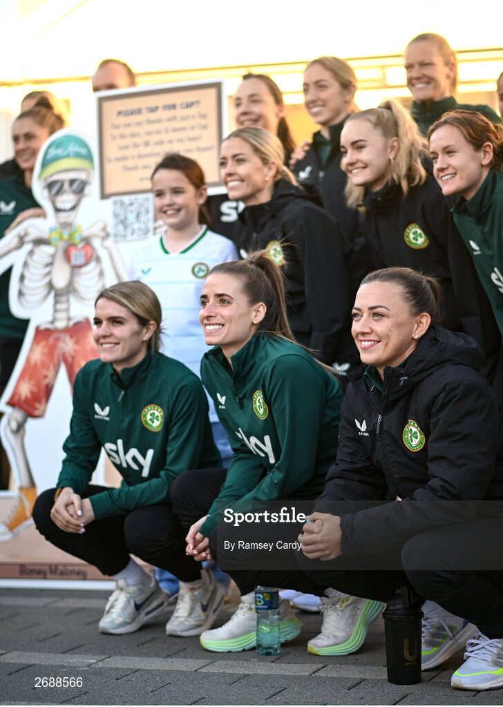 27 Novmeber 2023; Republic of Ireland players, front row, from left, Jamie Finn, Chloe Mustaki, and Katie McCabe during a visit to Cappagh Kids and The National Orthopaedic Hospital Cappagh in Dublin to launch the Cappagh Hospital Foundation Christmas Appeal and their fundraising ambassador Boney Maloney. Photo by Ramsey Cardy/Sportsfile