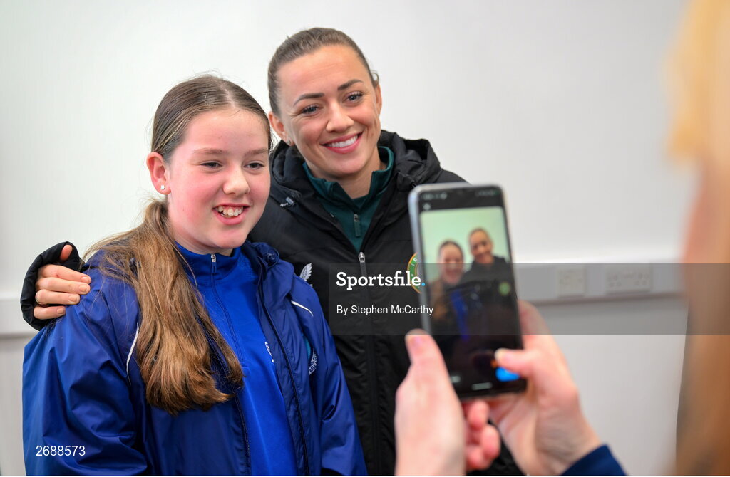 27 Novmeber 2023; Republic of Ireland's Katie McCabe with Isabella Ryan, age 12, during a visit to Cappagh Kids and The National Orthopaedic Hospital Cappagh in Dublin to launch the Cappagh Hospital Foundation Christmas Appeal and their fundraising ambassador Boney Maloney. Photo by Stephen McCarthy/Sportsfile