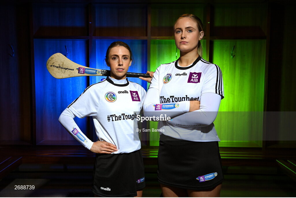 28 November 2023; AIB ambassadors and camogie players, Niamh O'Callaghan of Sarsfields, Cork, and Maria Cooney of Sarsfields, Galway, pictured ahead of this weekend’s AIB Camogie All-Ireland Club Championship semi-finals and for the release of the first full episode of ‘Meet #TheToughest’, a new content series from AIB that will showcase some of the final stages of this year’s AIB Camogie All-Ireland Club Championships, through footage captured by cameras worn by players for the first time in Gaelic Games. You can view the first episode of ‘Meet #TheToughest’ here: https://www.youtube.com/watch?v=bz0vKEzaWEE. Photo by Sam Barnes/Sportsfile