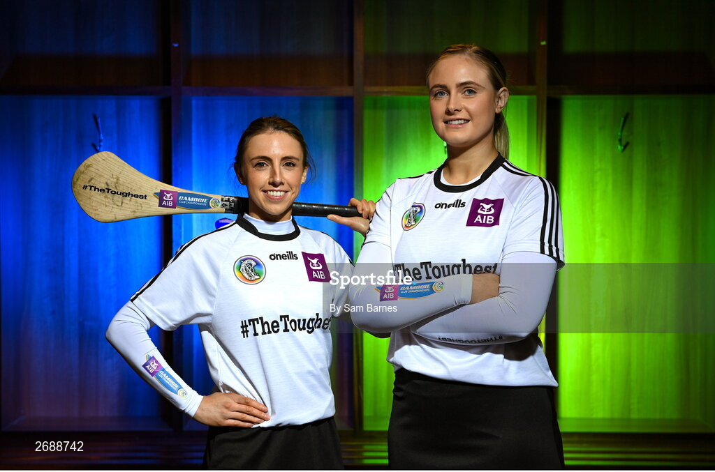 28 November 2023; AIB ambassadors and camogie players, Niamh O'Callaghan of Sarsfields, Cork, and Maria Cooney of Sarsfields, Galway, pictured ahead of this weekend’s AIB Camogie All-Ireland Club Championship semi-finals and for the release of the first full episode of ‘Meet #TheToughest’, a new content series from AIB that will showcase some of the final stages of this year’s AIB Camogie All-Ireland Club Championships, through footage captured by cameras worn by players for the first time in Gaelic Games. You can view the first episode of ‘Meet #TheToughest’ here: https://www.youtube.com/watch?v=bz0vKEzaWEE. Photo by Sam Barnes/Sportsfile