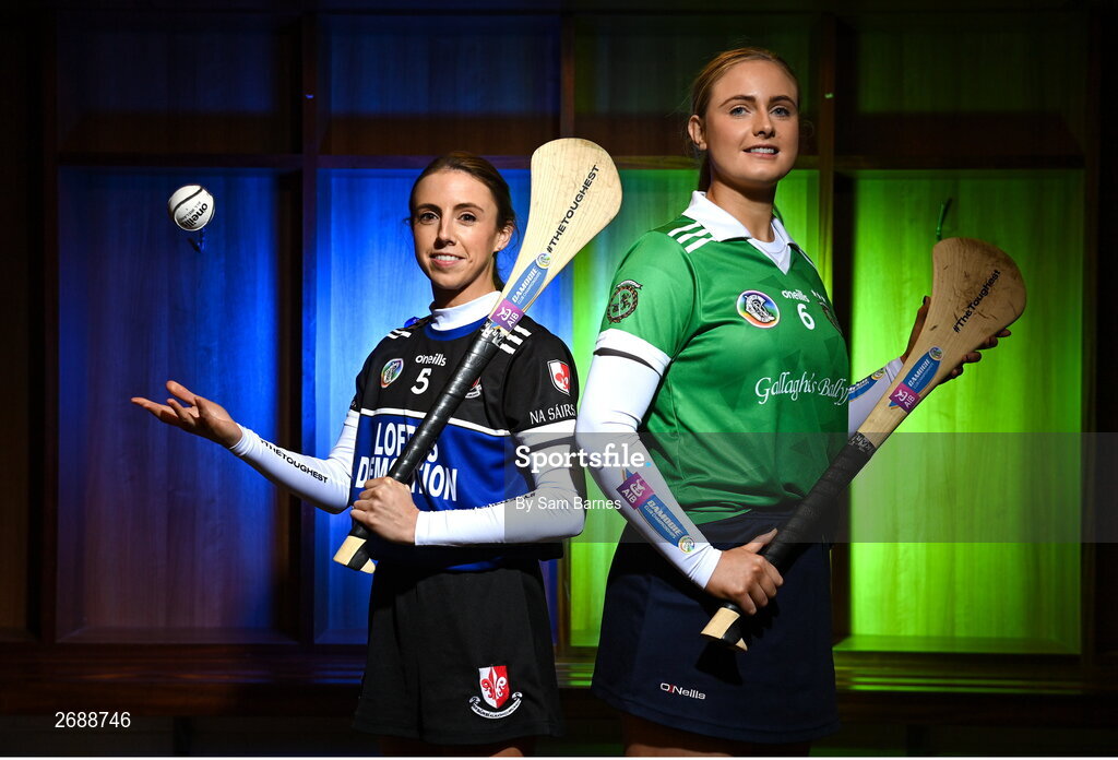 28 November 2023; AIB ambassadors and camogie players, Niamh O'Callaghan of Sarsfields, Cork, and Maria Cooney of Sarsfields, Galway, pictured ahead of this weekend’s AIB Camogie All-Ireland Club Championship semi-finals and for the release of the first full episode of ‘Meet #TheToughest’, a new content series from AIB that will showcase some of the final stages of this year’s AIB Camogie All-Ireland Club Championships, through footage captured by cameras worn by players for the first time in Gaelic Games. You can view the first episode of ‘Meet #TheToughest’ here: https://www.youtube.com/watch?v=bz0vKEzaWEE. Photo by Sam Barnes/Sportsfile