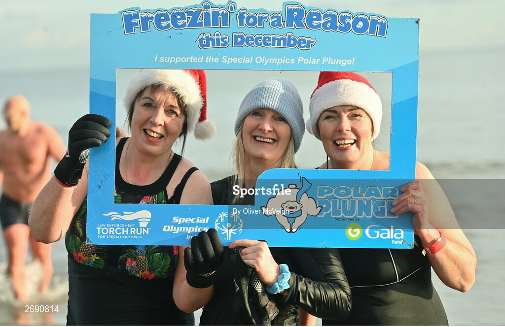 2 December 2023; Marie Loughran, Polin Quinn and Rosin Gormley, fron Dungannon, at the Clogherhead Polar Plunge which saw participants get “Freezin’ for a Reason” to raise funds for Special Olympics Ireland athletes in an event sponsored by Gala Retail at Clogherhead Beach in Louth. Photo by Oliver McVeigh/Sportsfile