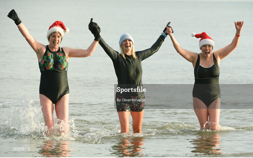 2 December 2023; Marie Loughran, Polin Quinn and Rosin Gormley, fron Dungannon, at the Clogherhead Polar Plunge which saw participants get “Freezin’ for a Reason” to raise funds for Special Olympics Ireland athletes in an event sponsored by Gala Retail at Clogherhead Beach in Louth. Photo by Oliver McVeigh/Sportsfile