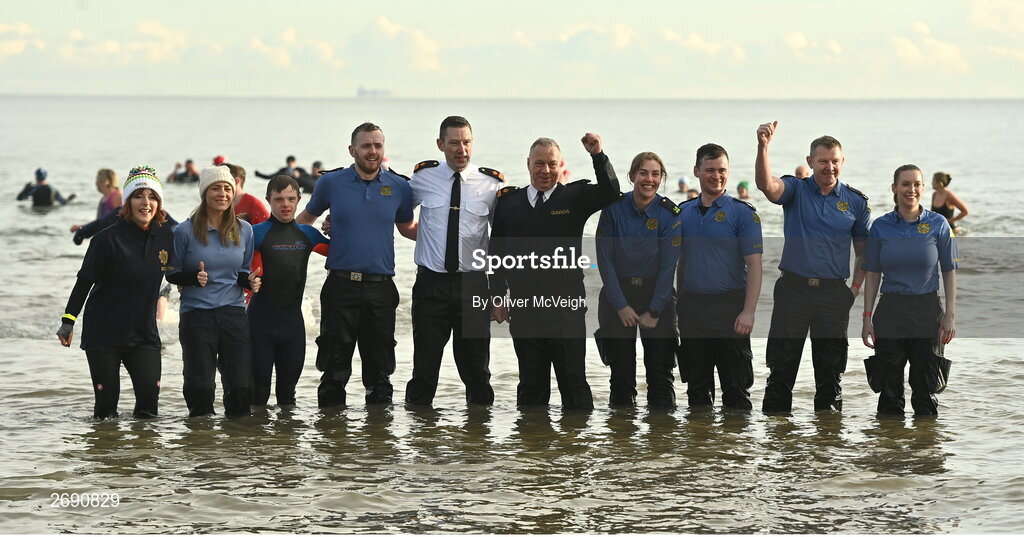 2 December 2023; Members of An Garda Síochána at the Clogherhead Polar Plunge which saw participants get “Freezin’ for a Reason” to raise funds for Special Olympics Ireland athletes in an event sponsored by Gala Retail at Clogherhead Beach in Louth. Photo by Oliver McVeigh/Sportsfile