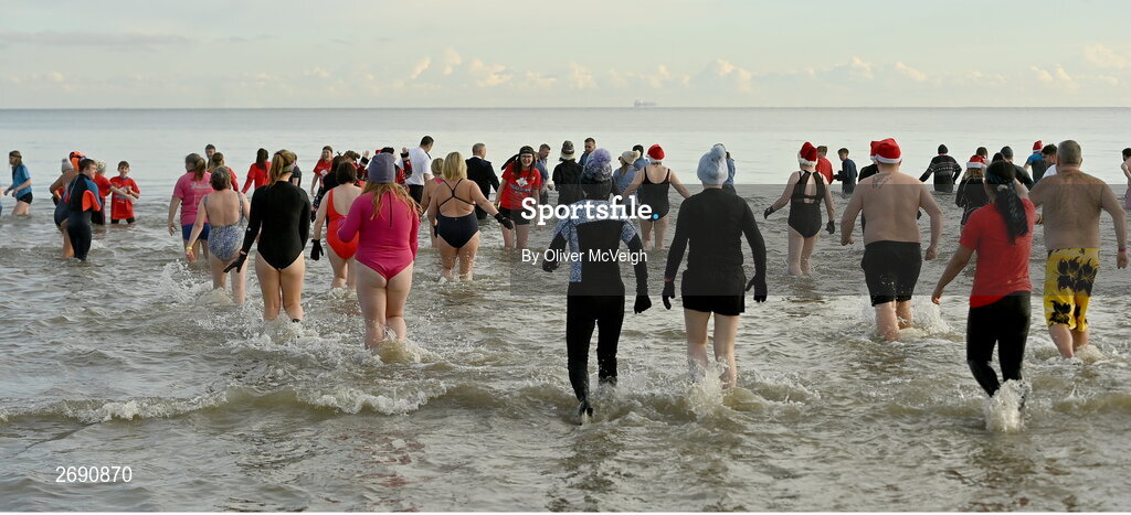 2 December 2023; Participants during The Clogherhead Polar Plunge which saw participants get “Freezin’ for a Reason” to raise funds for Special Olympics Ireland athletes in an event sponsored by Gala Retail at Clogherhead Beach in Louth. Photo by Oliver McVeigh/Sportsfile