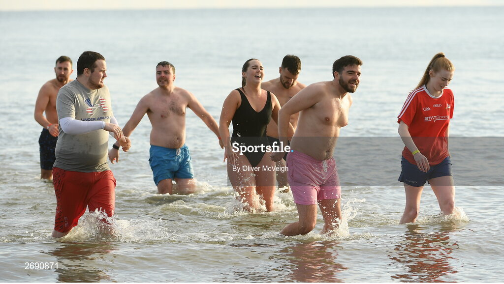 2 December 2023; Participants during The Clogherhead Polar Plunge which saw participants get “Freezin’ for a Reason” to raise funds for Special Olympics Ireland athletes in an event sponsored by Gala Retail at Clogherhead Beach in Louth. Photo by Oliver McVeigh/Sportsfile