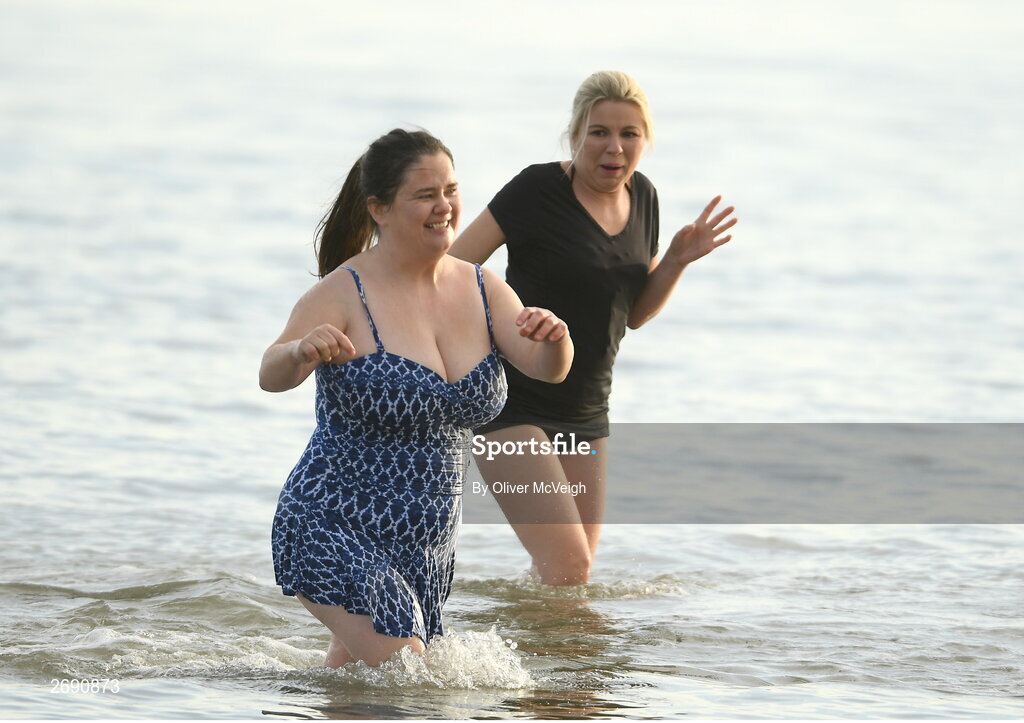 2 December 2023; Participants during The Clogherhead Polar Plunge which saw participants get “Freezin’ for a Reason” to raise funds for Special Olympics Ireland athletes in an event sponsored by Gala Retail at Clogherhead Beach in Louth. Photo by Oliver McVeigh/Sportsfile