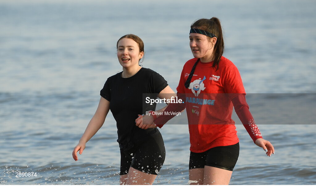 2 December 2023; Participants during The Clogherhead Polar Plunge which saw participants get “Freezin’ for a Reason” to raise funds for Special Olympics Ireland athletes in an event sponsored by Gala Retail at Clogherhead Beach in Louth. Photo by Oliver McVeigh/Sportsfile