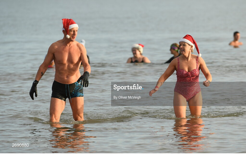 2 December 2023; Participants during The Clogherhead Polar Plunge which saw participants get “Freezin’ for a Reason” to raise funds for Special Olympics Ireland athletes in an event sponsored by Gala Retail at Clogherhead Beach in Louth. Photo by Oliver McVeigh/Sportsfile