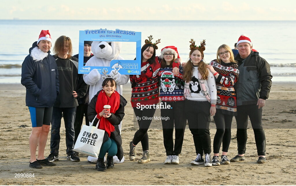 2 December 2023; Participants from Athboy at the Clogherhead Polar Plunge which saw participants get “Freezin’ for a Reason” to raise funds for Special Olympics Ireland athletes in an event sponsored by Gala Retail at Clogherhead Beach in Louth. Photo by Oliver McVeigh/Sportsfile