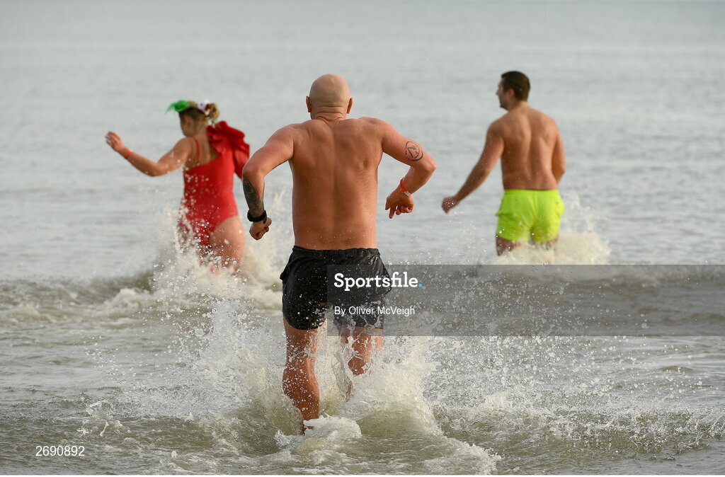 2 December 2023; Participants during The Clogherhead Polar Plunge which saw participants get “Freezin’ for a Reason” to raise funds for Special Olympics Ireland athletes in an event sponsored by Gala Retail at Clogherhead Beach in Louth. Photo by Oliver McVeigh/Sportsfile
