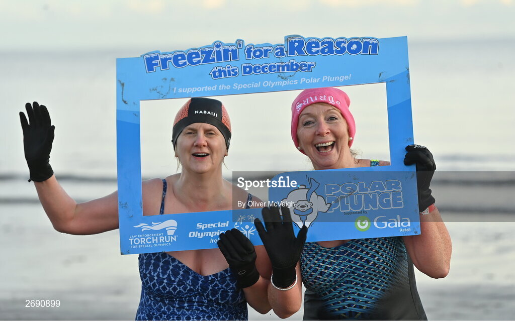 2 December 2023; Graiine Millen and Barbara Townlee Carroll from Slane, Drogheda, at the Clogherhead Polar Plunge which saw participants get “Freezin’ for a Reason” to raise funds for Special Olympics Ireland athletes in an event sponsored by Gala Retail at Clogherhead Beach in Louth. Photo by Oliver McVeigh/Sportsfile