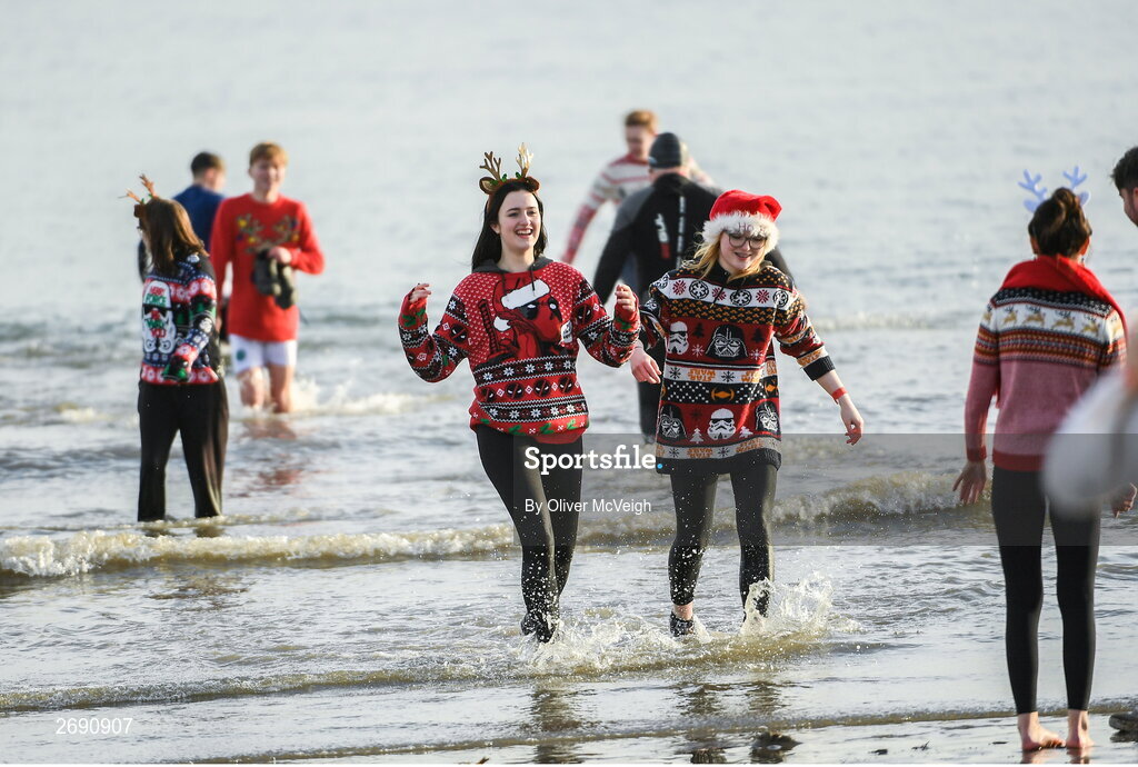 2 December 2023; Participants during The Clogherhead Polar Plunge which saw participants get “Freezin’ for a Reason” to raise funds for Special Olympics Ireland athletes in an event sponsored by Gala Retail at Clogherhead Beach in Louth. Photo by Oliver McVeigh/Sportsfile