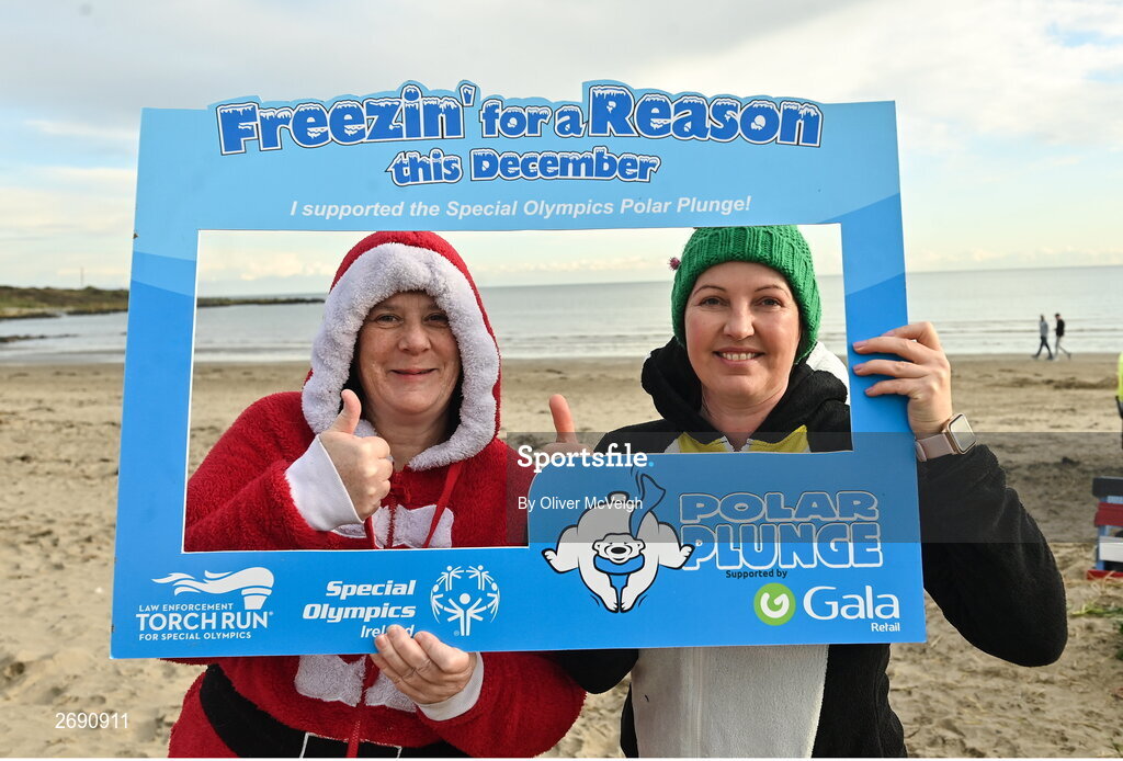 2 December 2023; Marie Dowdall and Sharon McArdle from Dundalk during The Clogherhead Polar Plunge which saw participants get “Freezin’ for a Reason” to raise funds for Special Olympics Ireland athletes in an event sponsored by Gala Retail at Clogherhead Beach in Louth. Photo by Oliver McVeigh/Sportsfile