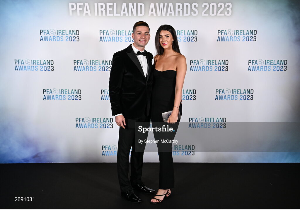 2 December 2023; PFA Ireland Men’s Premier Division Player of the Year nominee Ruairi Keating with Emily Luscombe on arrival at the PFA Ireland Awards 2023 at Anantara The Marker Dublin Hotel in Dublin. Photo by Stephen McCarthy/Sportsfile