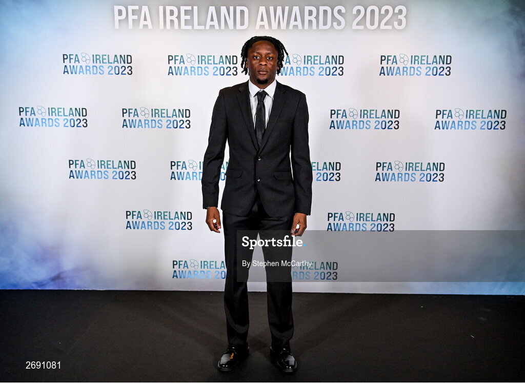 2 December 2023; Jonathan Afolabi of Bohemians on arrival at the PFA Ireland Awards 2023 at Anantara The Marker Dublin Hotel in Dublin. Photo by Stephen McCarthy/Sportsfile