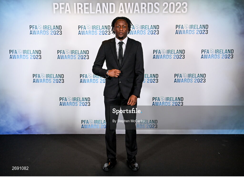 2 December 2023; Jonathan Afolabi of Bohemians on arrival at the PFA Ireland Awards 2023 at Anantara The Marker Dublin Hotel in Dublin. Photo by Stephen McCarthy/Sportsfile