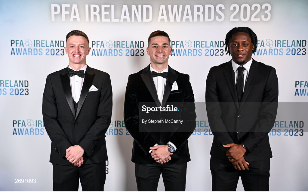 2 December 2023; PFA Ireland Men’s Player of the Year award nominees, from left, Chris Forrester, Ruairí Keating and Jonathan Afolabi on arrival at the PFA Ireland Awards 2023 at Anantara The Marker Dublin Hotel in Dublin. Photo by Stephen McCarthy/Sportsfile