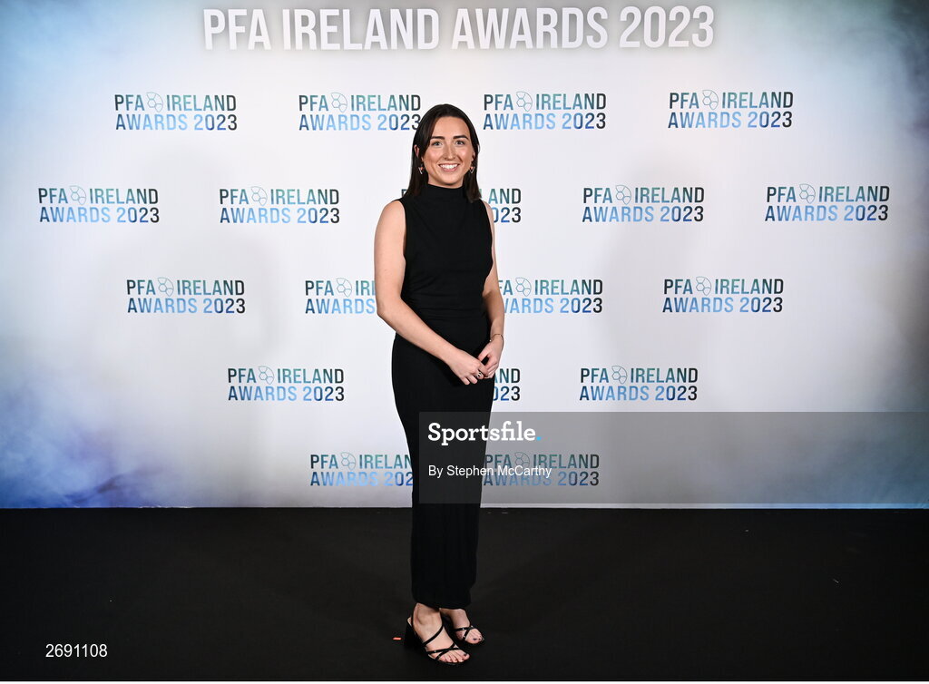 2 December 2023; Sadhbh Doyle of Peamount United on arrival at the PFA Ireland Awards 2023 at Anantara The Marker Dublin Hotel in Dublin. Photo by Stephen McCarthy/Sportsfile