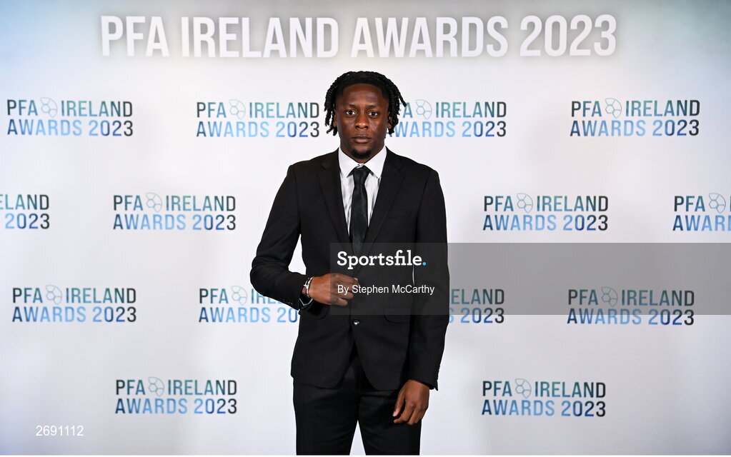 2 December 2023; Jonathan Afolabi of Bohemians on arrival at the PFA Ireland Awards 2023 at Anantara The Marker Dublin Hotel in Dublin. Photo by Stephen McCarthy/Sportsfile