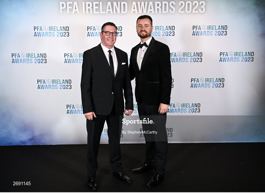 2 December 2023; David Vedmore, left, and Stephen Bent on arrival at the PFA Ireland Awards 2023 at Anantara The Marker Dublin Hotel in Dublin. Photo by Stephen McCarthy/Sportsfile