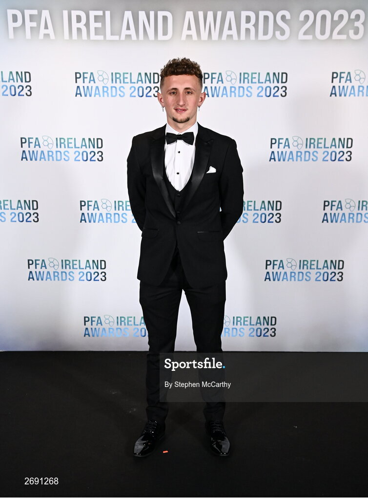 2 December 2023; Sam Curtis of St Patrick's Athletic on arrival at the PFA Ireland Awards 2023 at Anantara The Marker Dublin Hotel in Dublin. Photo by Stephen McCarthy/Sportsfile
