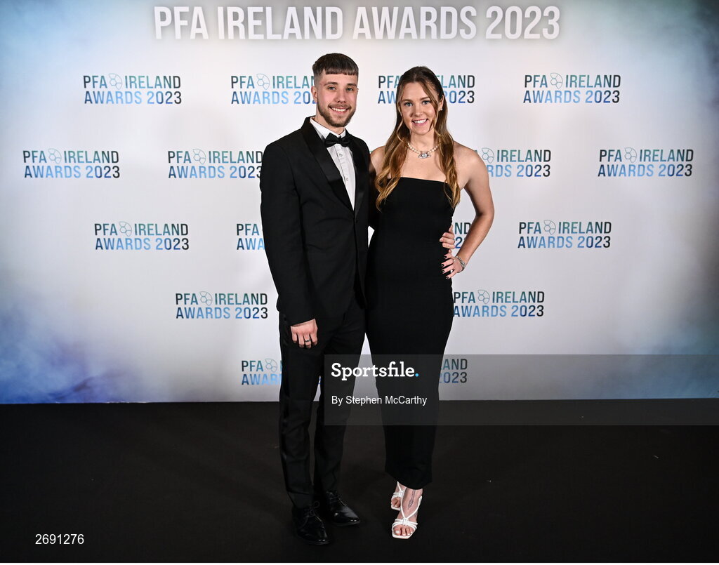 2 December 2023; Dana Scheriff of Athlone Town and Deniels Voitkevics on arrival at the PFA Ireland Awards 2023 at Anantara The Marker Dublin Hotel in Dublin. Photo by Stephen McCarthy/Sportsfile