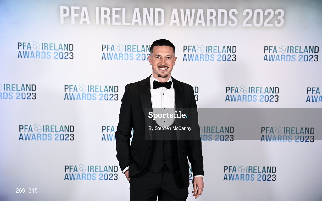 2 December 2023; Ronan Coughlan of Waterford on arrival at the PFA Ireland Awards 2023 at Anantara The Marker Dublin Hotel in Dublin. Photo by Stephen McCarthy/Sportsfile