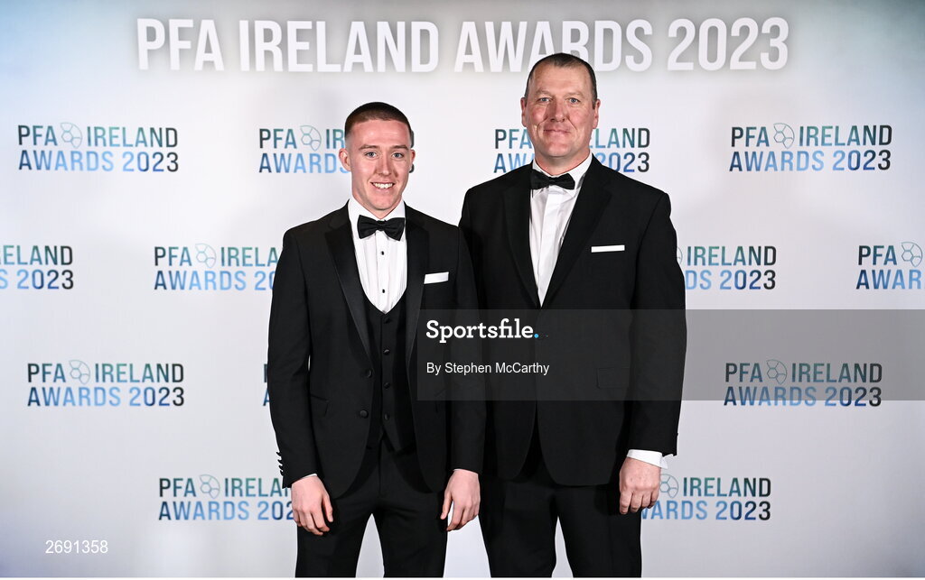 2 December 2023; Jack Moylan of Shelbourne and father Senan on arrival at the PFA Ireland Awards 2023 at Anantara The Marker Dublin Hotel in Dublin. Photo by Stephen McCarthy/Sportsfile