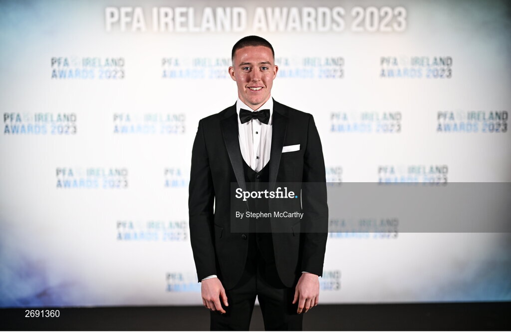 2 December 2023; Jack Moylan of Shelbourne on arrival at the PFA Ireland Awards 2023 at Anantara The Marker Dublin Hotel in Dublin. Photo by Stephen McCarthy/Sportsfile
