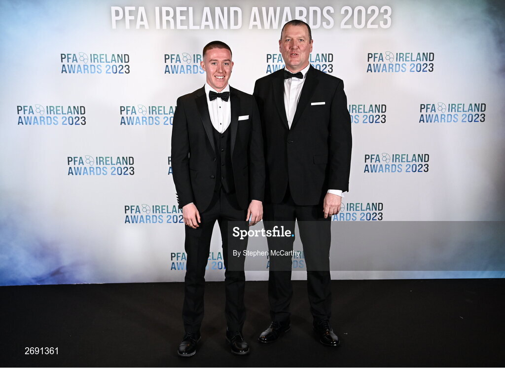 2 December 2023; Jack Moylan of Shelbourne and father Senan on arrival at the PFA Ireland Awards 2023 at Anantara The Marker Dublin Hotel in Dublin. Photo by Stephen McCarthy/Sportsfile