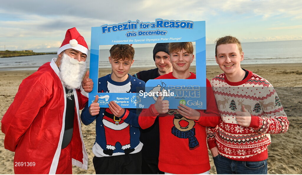 2 December 2023; Tom O'Dowd, Nickolas Duffy, Shane Carroll, Craig Duffy and Damien Nugent from Athbooy at the Clogherhead Polar Plunge which saw participants get “Freezin’ for a Reason” to raise funds for Special Olympics Ireland athletes in an event sponsored by Gala Retail at Clogherhead Beach in Louth.
