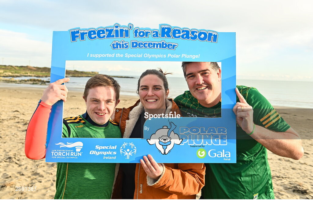 2 December 2023; Keith Munnelly, Manddy Lynch and Jack Egan from Trim Special Olympic club at the Clogherhead Polar Plunge saw participants get “Freezin’ for a Reason” to raise funds for Special Olympics Ireland athletes in an event sponsored by Gala Retail at Clogherhead Beach in Louth.