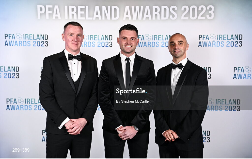 2 December 2023; Referees, from left, Damien MacGraith, Rob Hennessy and Neil Doyle on arrival at the PFA Ireland Awards 2023 at Anantara The Marker Dublin Hotel in Dublin. Photo by Stephen McCarthy/Sportsfile