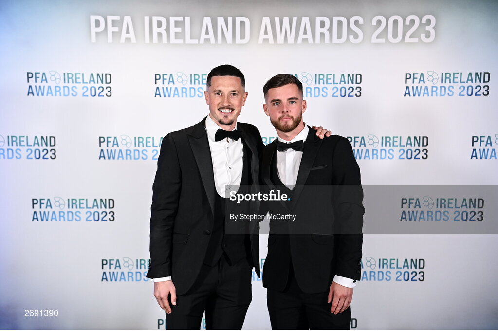 2 December 2023; Waterford players Ronan Coughlan, left, and Ryan Burke on arrival at the PFA Ireland Awards 2023 at Anantara The Marker Dublin Hotel in Dublin. Photo by Stephen McCarthy/Sportsfile